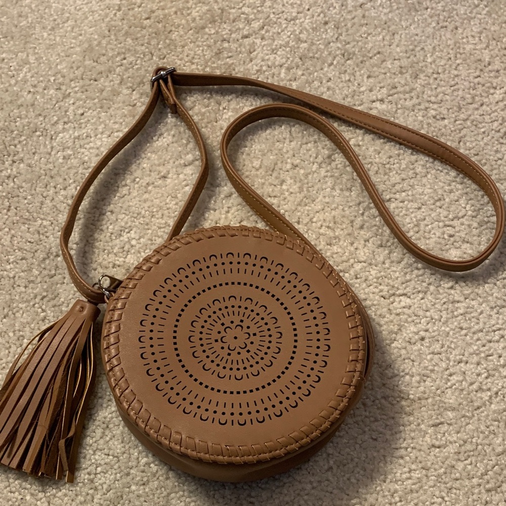 Art Class Brown Doily Design Round Crossbody Bag with Tassel - NWOT